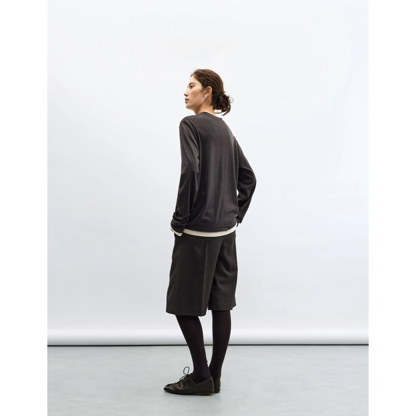 Trendy Color-Blocking Layered Look ~ All-Wool Faux Two-Piece Long-Sleeve T-Shirt for Women, Lightweight, Breathable, Loose-Fitting Crew Neck Top