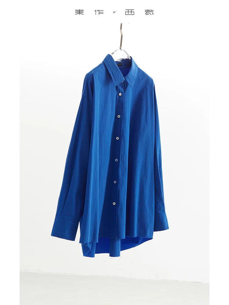Peacock Blue Color Is Very Age-Reducing~100% Cotton Women's Loose Casual Shirt Long-Sleeved Double-Layer Collar Fringed Top 2025 Autumn and Winter New Style