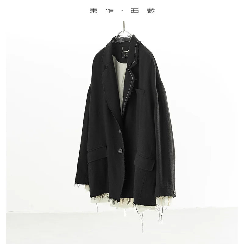 Custom Fabric Designer Style~Women's Casual Loose-Fitting Mysterious Black Blazer with Faux Two-Piece Fringed Silhouette Jacket, New for Autumn/Winter 2025
