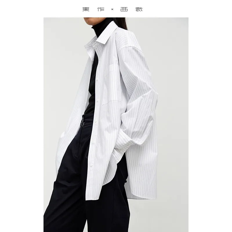 Boyfriend Style ~ Early Autumn Design Oversize Stripesd Shirt Women's Mid-Length Loose Top