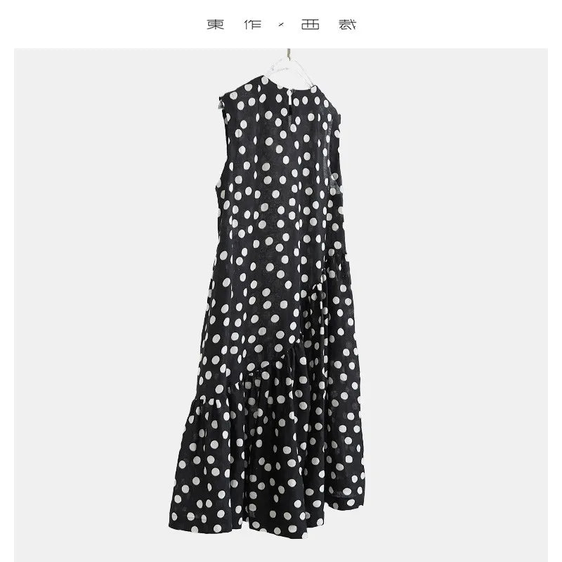 100% Linen Sleeveless Polka Dot Dress, Loose-Fitting and Slimming Long Dress