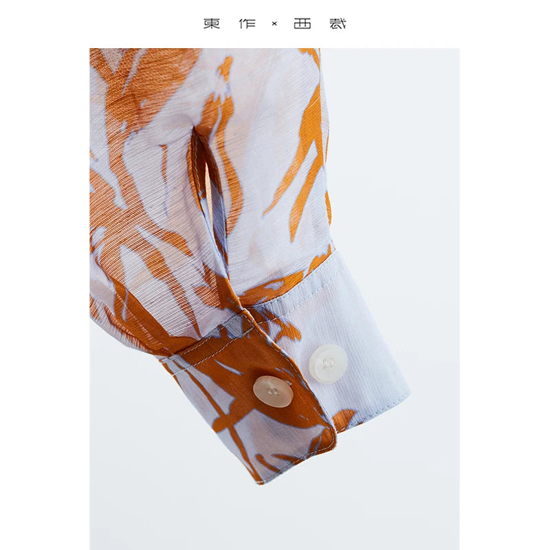 2025 Spring/Summer New Women's Brightening Summer Vibrant Orange Sunscreen Shirt Versatile Silk-Linen Printed Comfortable Outerwear Long Shirt