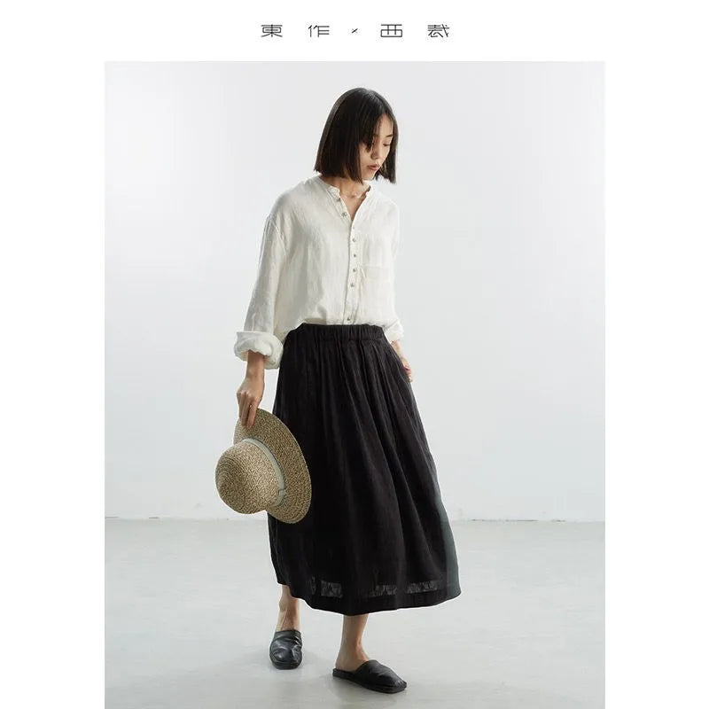 New Chinese Style~Black Floral Bud Skirt, Silk and Linen Jacquard Skirt, 2026 Spring and Summer New Style