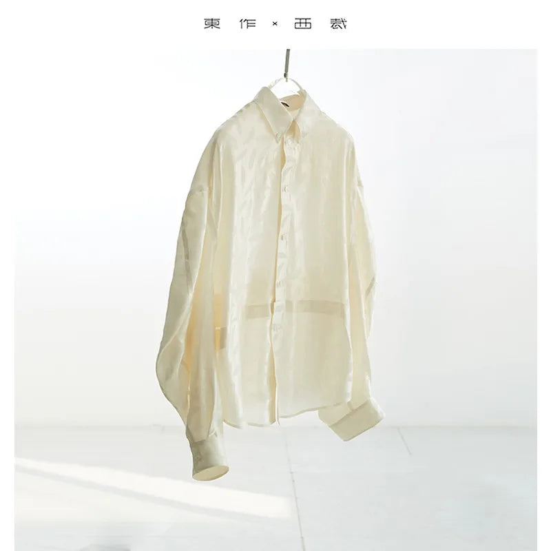 2025 Women's Summer Oversized Silk Shirt with Dark Floral Pattern, Long-Sleeved Loose Top