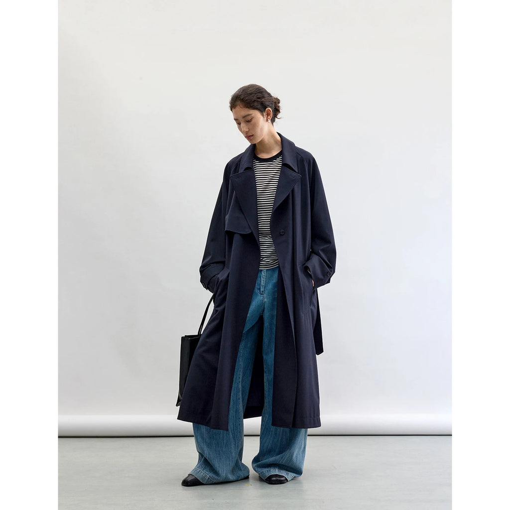Designer Style~Navy Blue Mid-Length French Trench Coat Made of Sheep Wool, Work Clothing Casual Jacket for Women, New Style for Autumn and Winter 2025