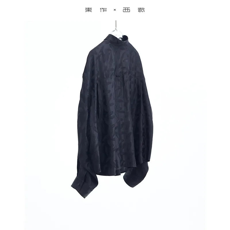 2025 Women's Summer Oversized Silk Shirt with Dark Floral Pattern, Long-Sleeved Loose Top