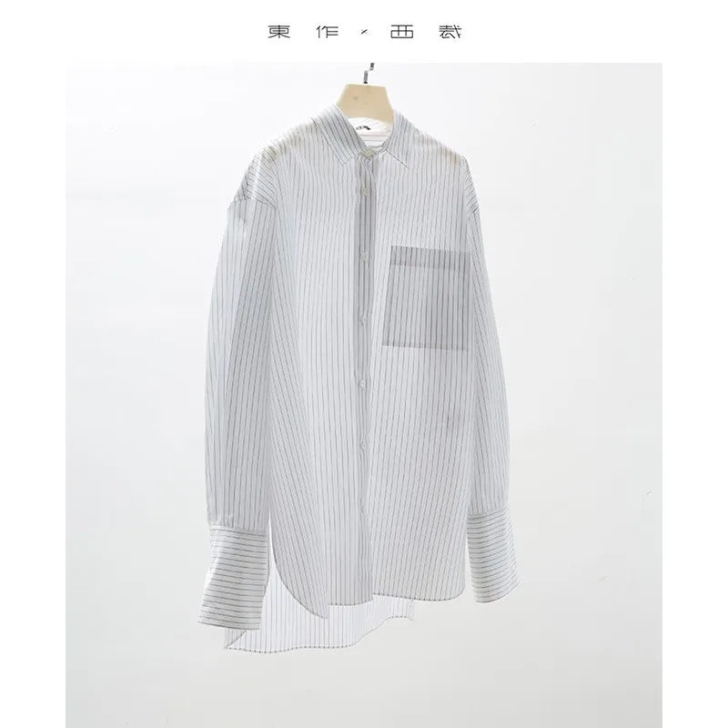 Boyfriend Style ~ Early Autumn Design Oversize Stripesd Shirt Women's Mid-Length Loose Top
