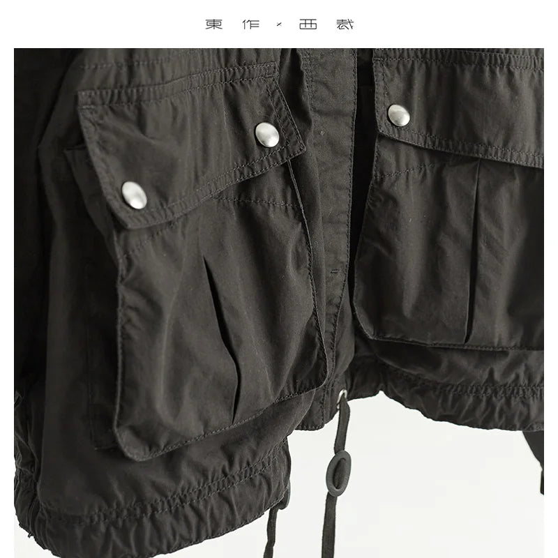Classic Designer Style~ Workwear Jacket with Loose Hem, Drawstring, Flap Pocket Design, Short Casual Top, New for Autumn/Winter 2025