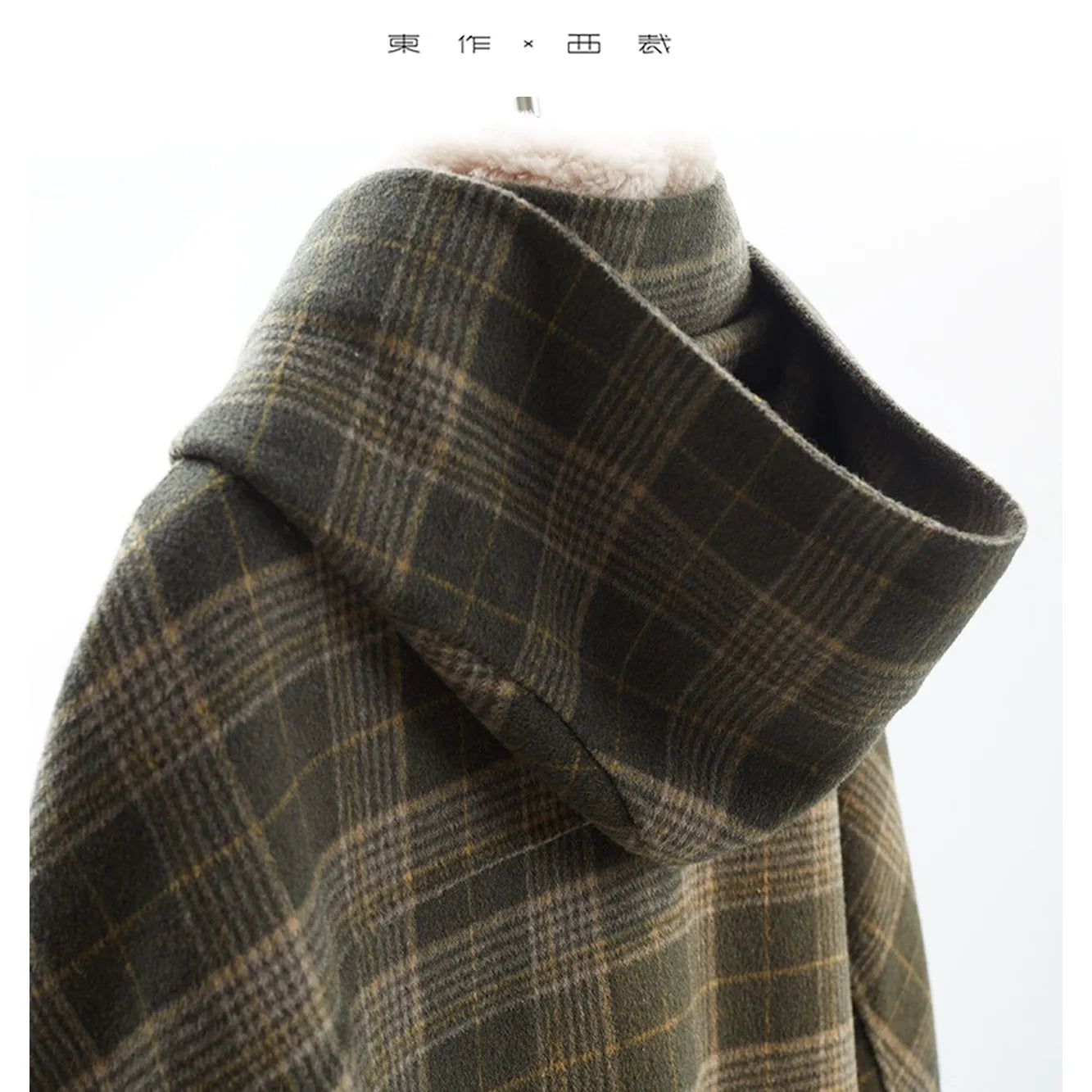 Horn-Button Coat~100% Wool Double-Sided Woolen Fabric with Contrasting Plaid, Fur Collar, Cocoon-Shaped Hooded Woolen Coat, Mid-Length for Women
