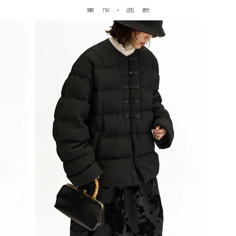 Goose Down~New Chinese Style Silk Crepe 90% down Jacket for Women, Slim Fit, Round Neck, Autumn and Winter New Model, Warm Black Coat