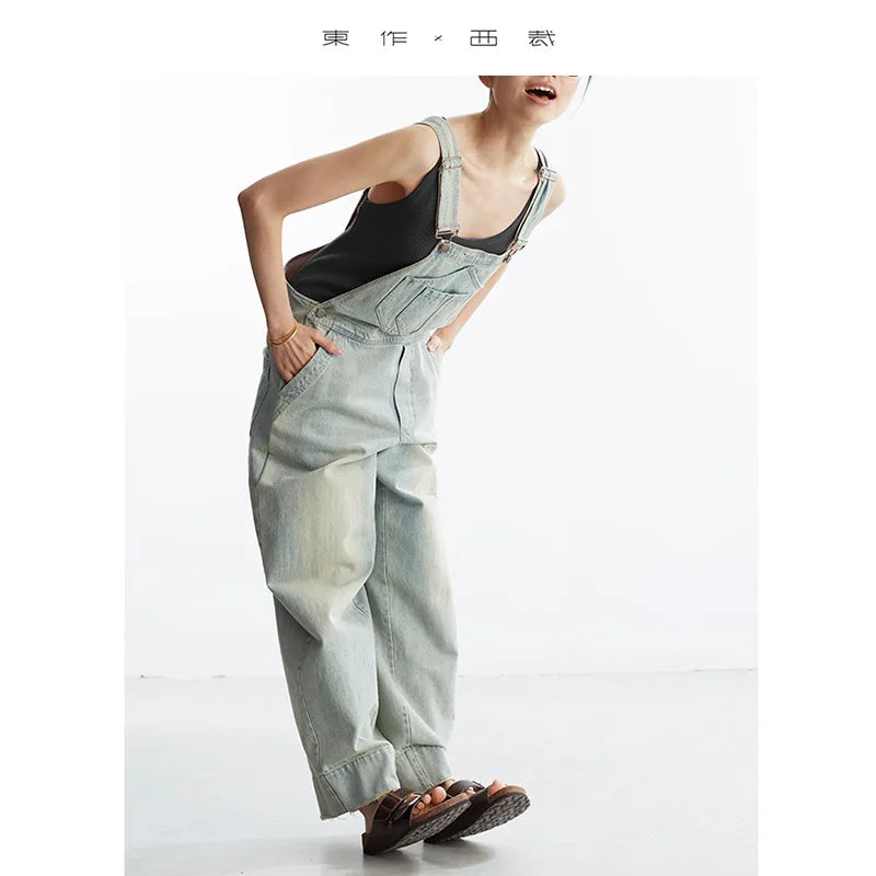 Age-Reducing, Laid-Back Style~ Women's Washed Light Blue Denim Overalls, Versatile Slim-Fit Straight-Leg Jumpsuit