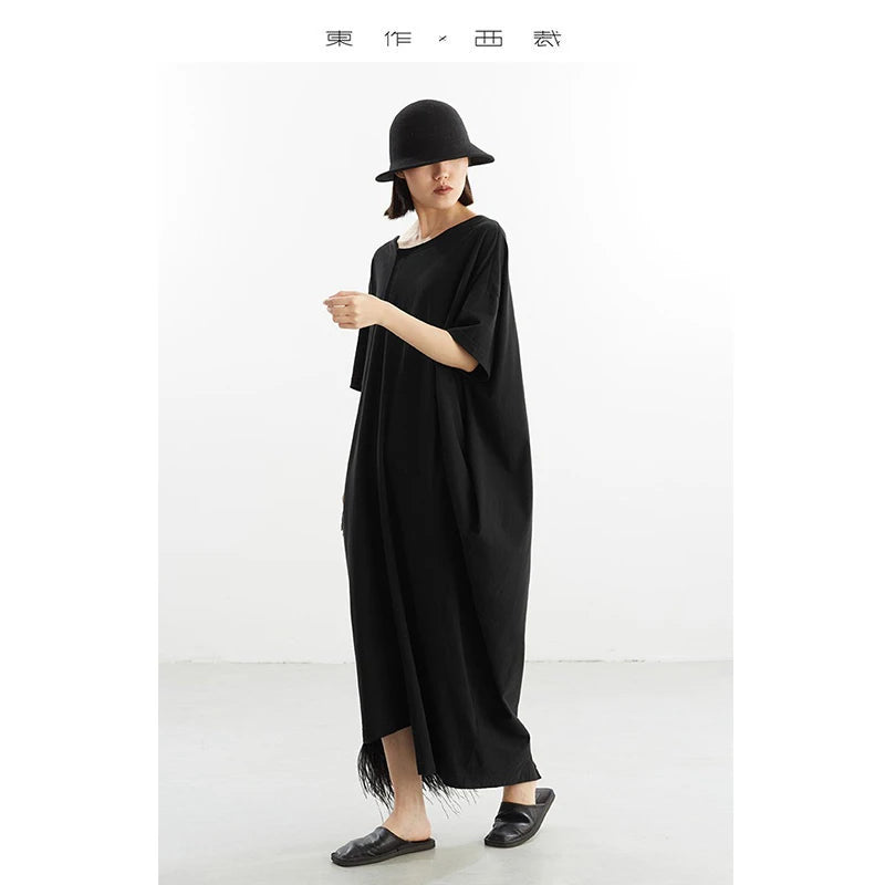 Black Dress~Irregular Long Dress, Pure Cotton T-Shirt Dress, Loose Fit, New Summer Style for Women