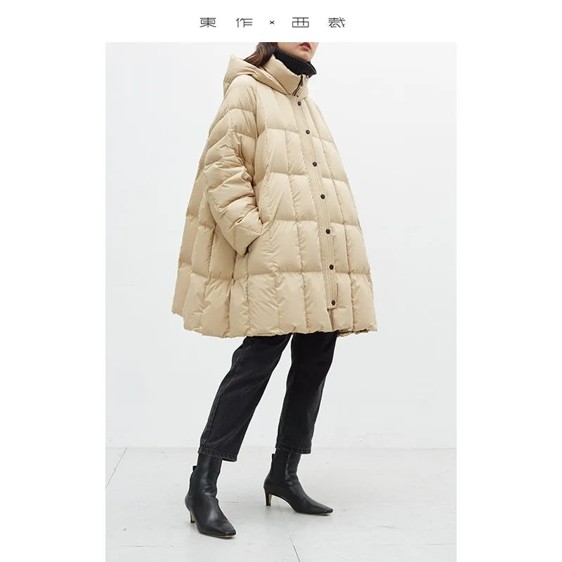 Filled with 240g White Duck Down~Designed Cape-Style down Jacket A-Line Mid-Length Coat New Women's Fashion 2025 Winter