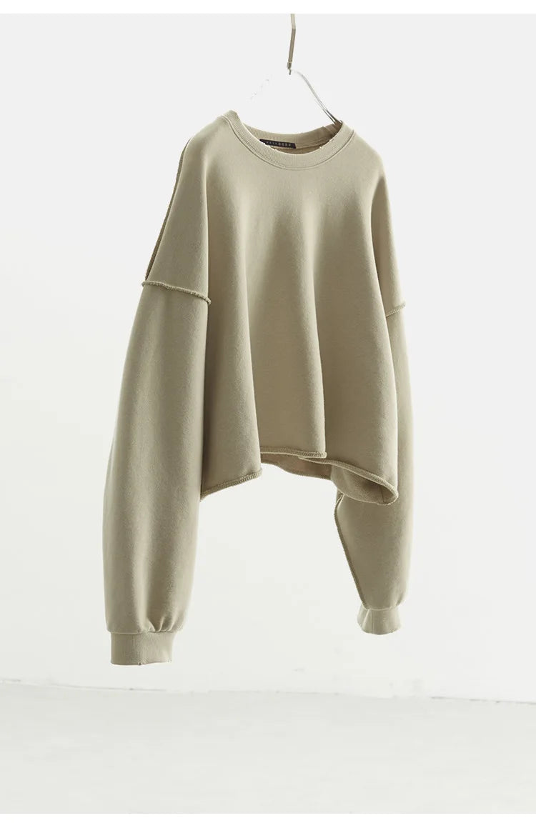 Distressed and Worn-Out Style ~ Drop Shoulder Sleeves, Round Neck Sweatshirt, American-Style Long-Sleeved Frayed Hem Short Designer Top for Women, 2025 Autumn and Winter New Collection