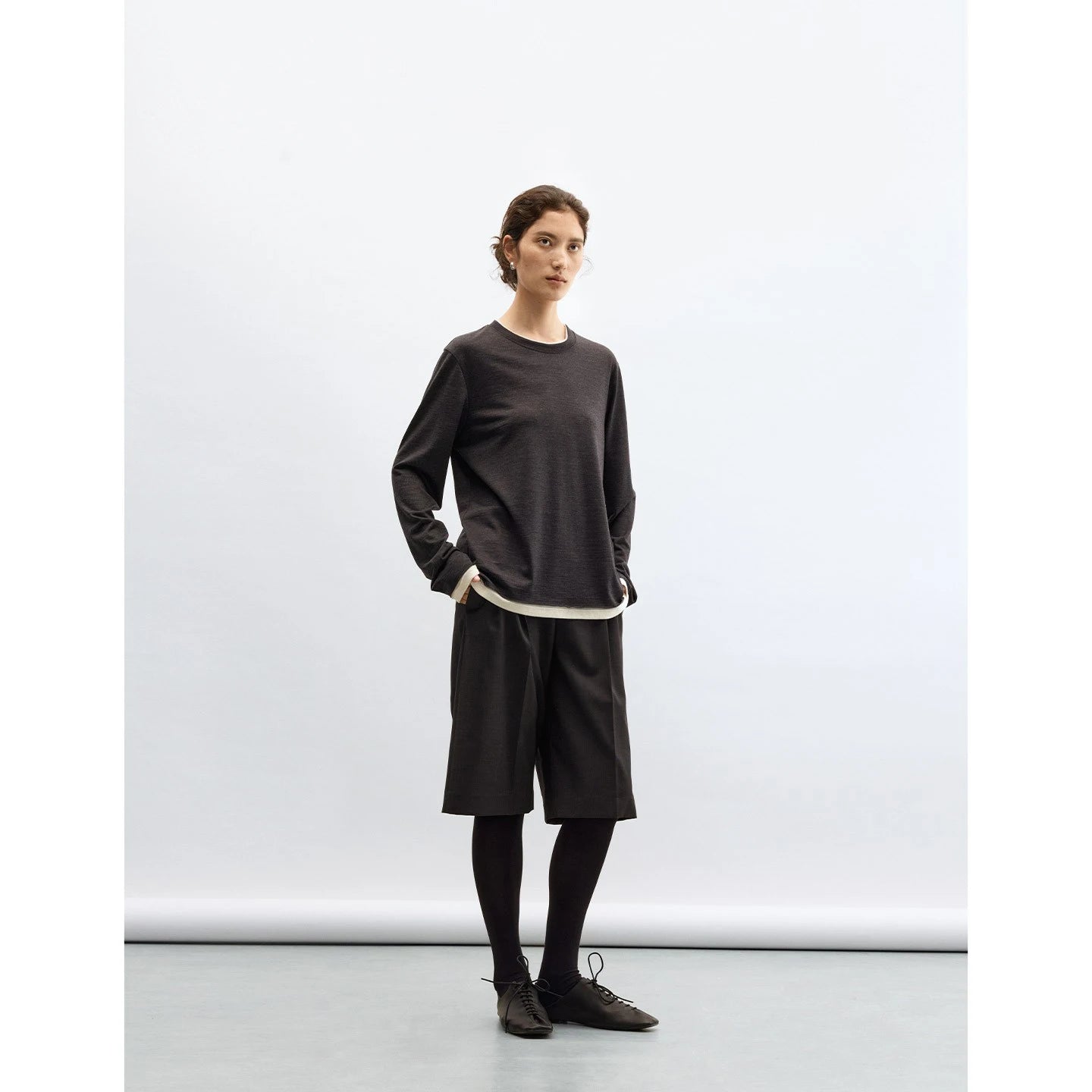 Trendy Color-Blocking Layered Look ~ All-Wool Faux Two-Piece Long-Sleeve T-Shirt for Women, Lightweight, Breathable, Loose-Fitting Crew Neck Top