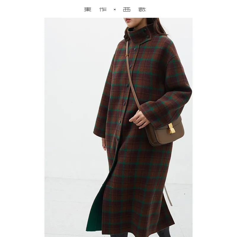 Classic Contrasting Color Plaid Coat, 100% Wool Double-Sided Woolen Long Coat, Women's Winter Wear