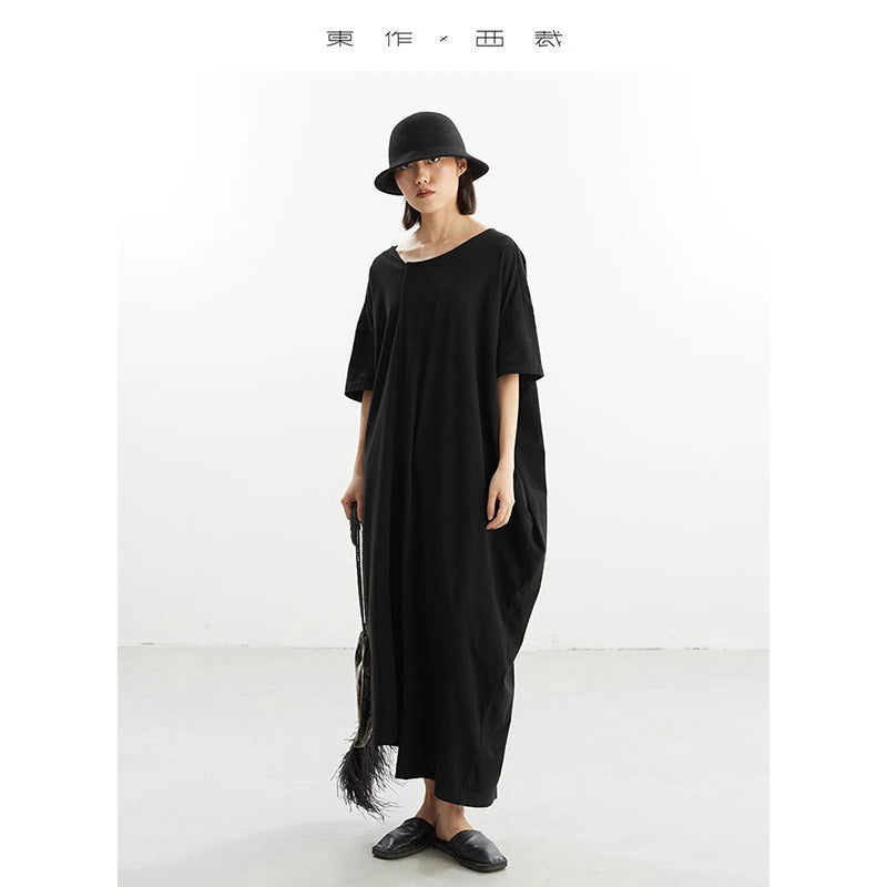 Black Dress~Irregular Long Dress, Pure Cotton T-Shirt Dress, Loose Fit, New Summer Style for Women