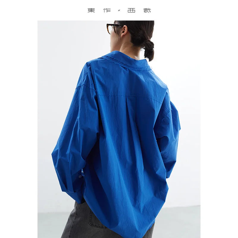 Peacock Blue Color Is Very Age-Reducing~100% Cotton Women's Loose Casual Shirt Long-Sleeved Double-Layer Collar Fringed Top 2025 Autumn and Winter New Style