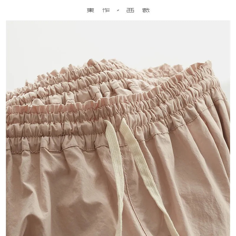 100% Cotton Women's Cropped Wide-Leg Pants with Elastic Waistband, Loose Casual Pants, Summer 2025