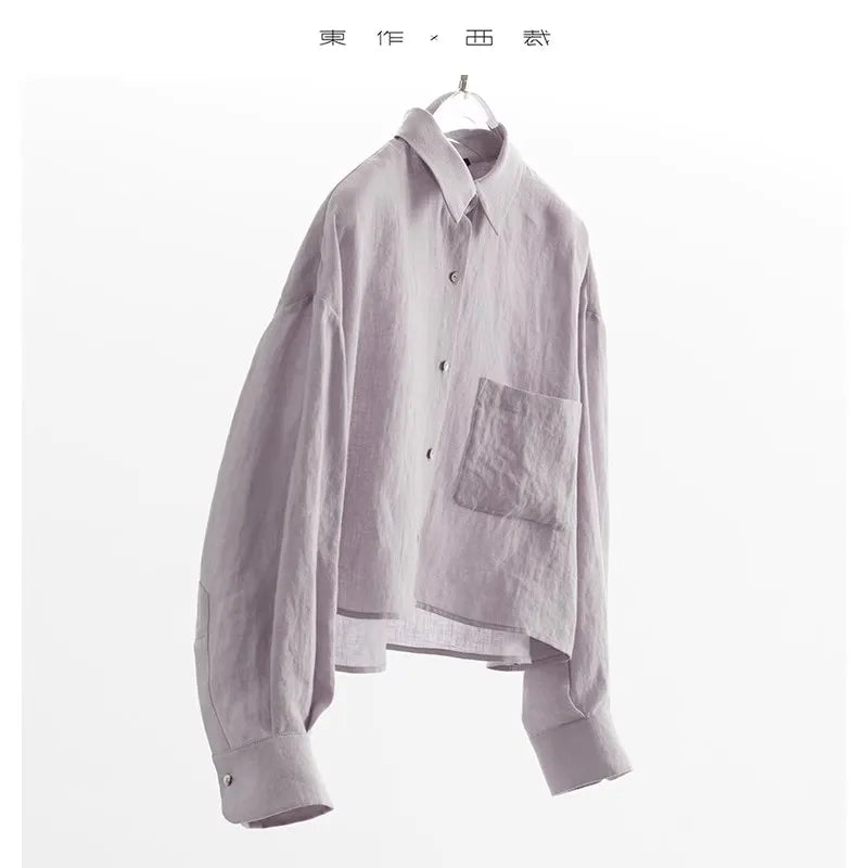 2025 Women's Summer 100% Linen Shirt Long-Sleeved Sun Protection Design Short Top