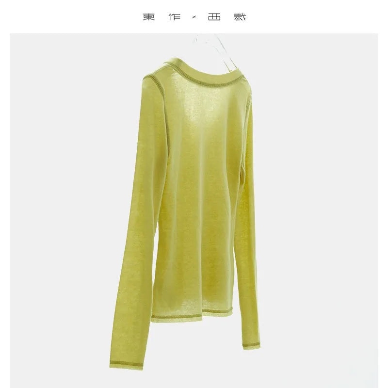 Wool Blend U-Neck Long-Sleeved T-Shirt for Women 2026 Spring New Slim-Fitting Base Shirt