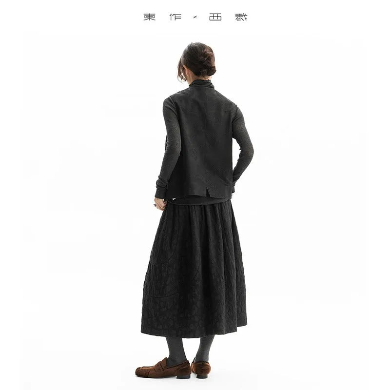 Versatile Umbrella Skirt~Autumn and Winter 100% Wool Jacquard Skirt for Women, Black Flower Bud Skirt