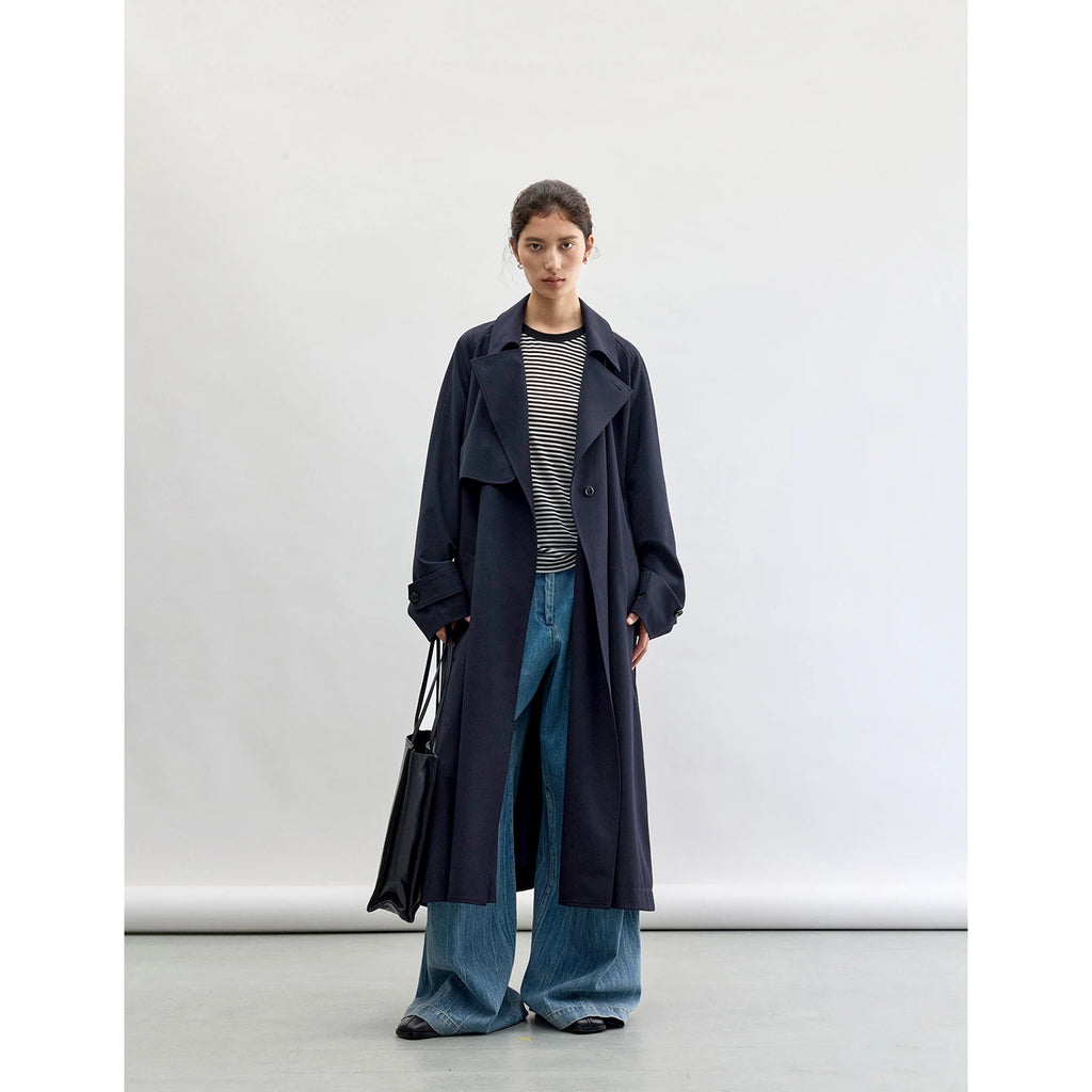 Designer Style~Navy Blue Mid-Length French Trench Coat Made of Sheep Wool, Work Clothing Casual Jacket for Women, New Style for Autumn and Winter 2025