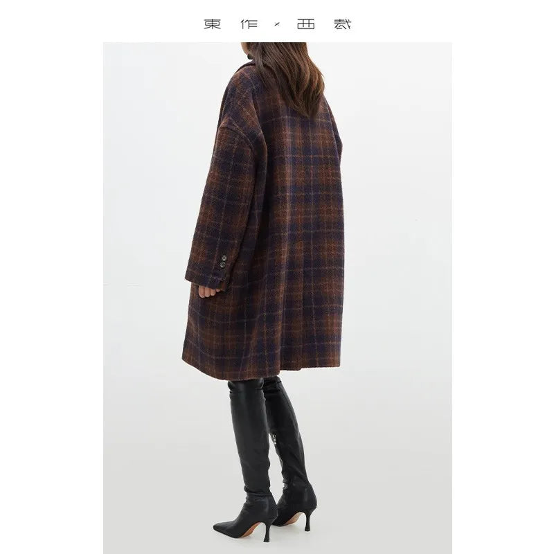 Classic Retro Plaid Woolen Coat Mid-Length Woolen Coat for Women 2025 Winter New Style
