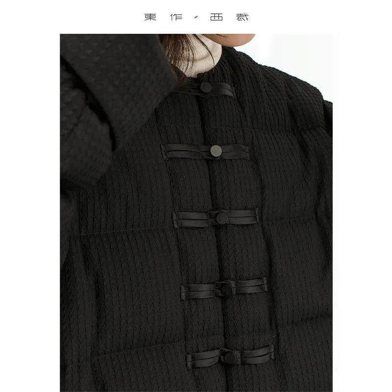 Goose Down~New Chinese Style Silk Crepe 90% down Jacket for Women, Slim Fit, Round Neck, Autumn and Winter New Model, Warm Black Coat