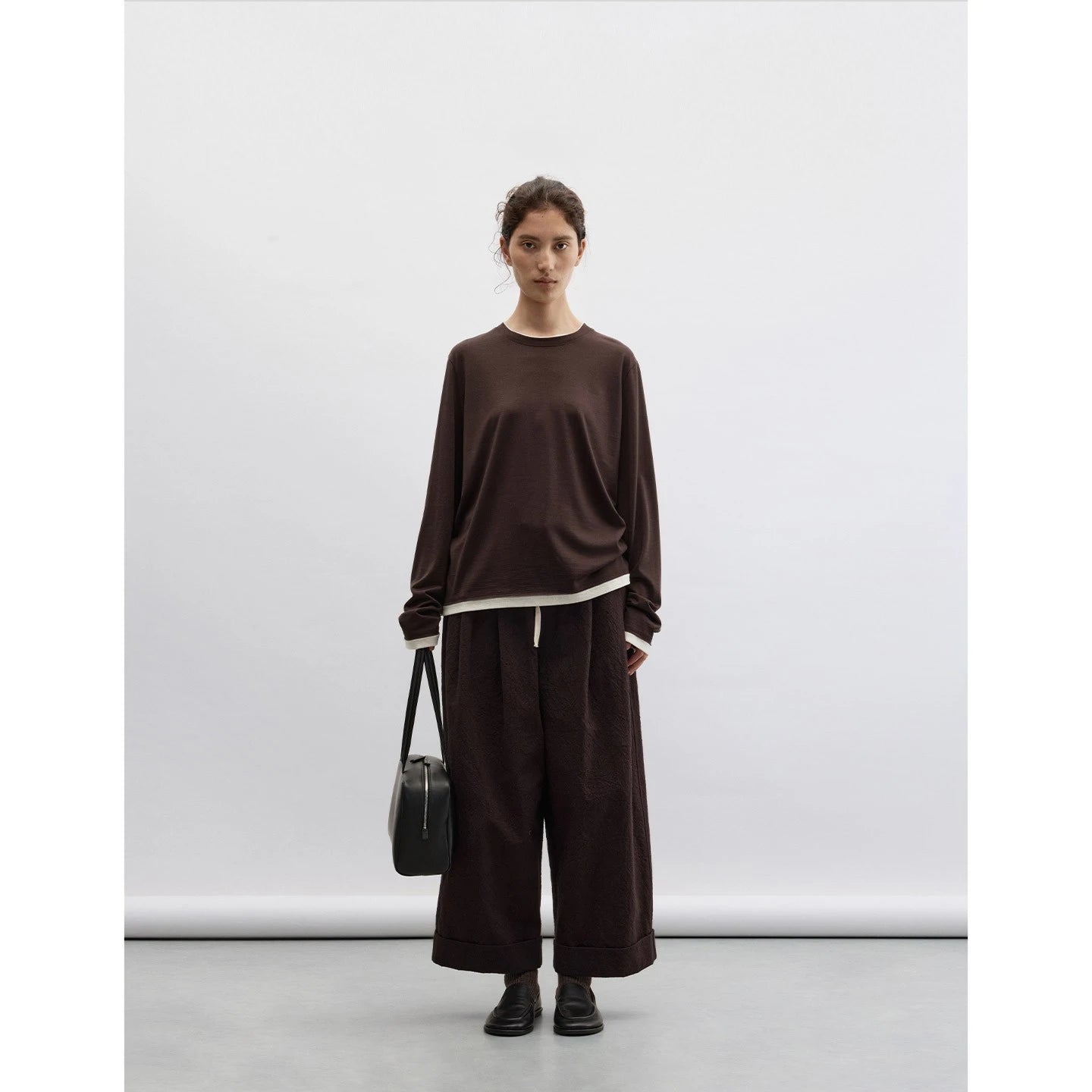 Trendy Color-Blocking Layered Look ~ All-Wool Faux Two-Piece Long-Sleeve T-Shirt for Women, Lightweight, Breathable, Loose-Fitting Crew Neck Top