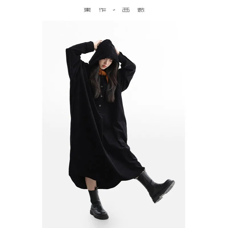 Corduroy Skirt~Pure Cotton Dress, Black Hooded Shirt-Style Long Skirt, New Winter Style