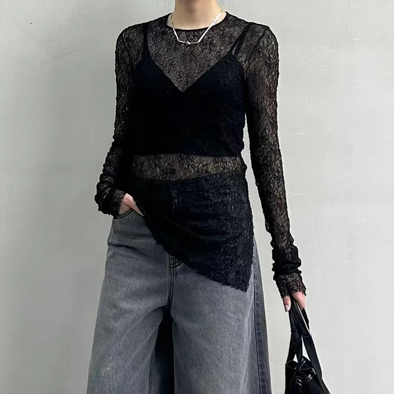 Designer Style ~ Women's Black Hollow-Out Blouse with Lace, Sexy Slim-Fitting Top for Outerwear, Summer 2025