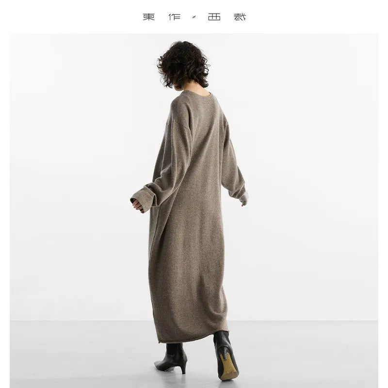 Specially Designed for Winter~High-Quality 100% Cashmere Round-Neck Pullover Dress with Rolled-Edge Design, 2025 New Knitwear