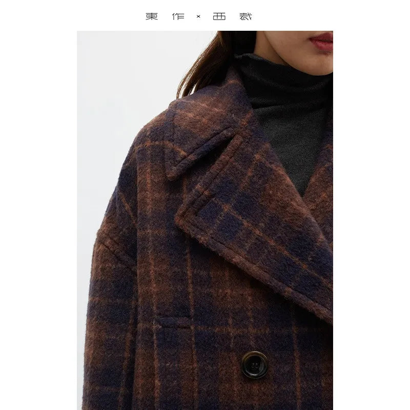 Classic Retro Plaid Woolen Coat Mid-Length Woolen Coat for Women 2025 Winter New Style