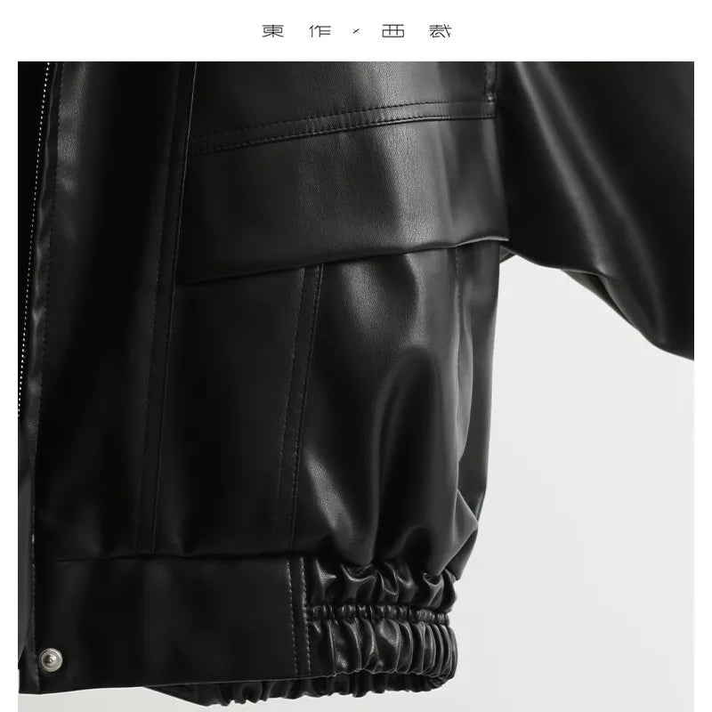 Imitation Leather Fabric That Rivals Genuine Leather~ Women's Short Jacket-Style Padded Leather Coat, Autumn and Winter Pu Leather American-Style Biker Jacket