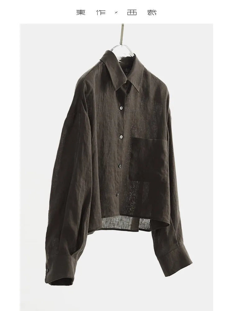 2025 Women's Summer 100% Linen Shirt Long-Sleeved Sun Protection Design Short Top