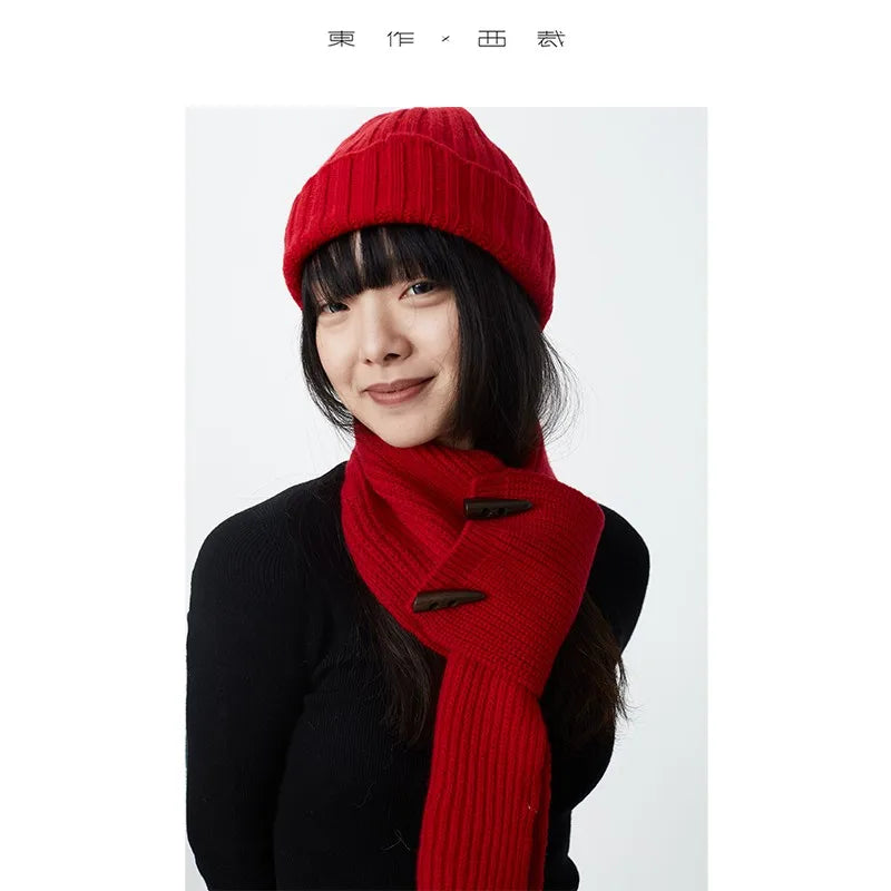 100% Pure Wool~Cowhorn Button Scarf Knitted Scarf 2025 Women's Thickened Neck Scarf