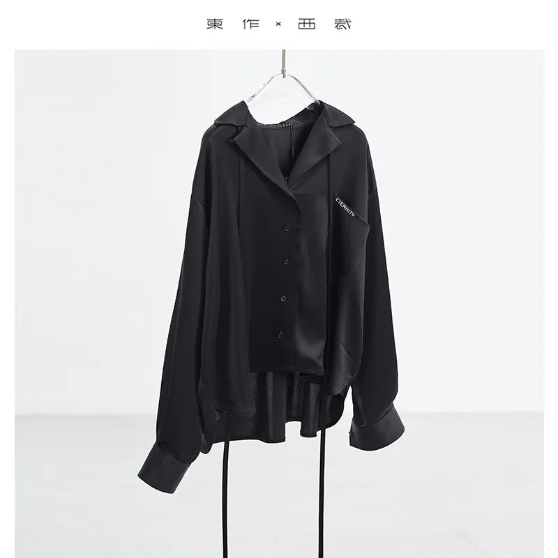 Women's Triacetate Embroidered Shirt, Loose and Versatile Long-Sleeved Lace-Up Top, New Summer Style