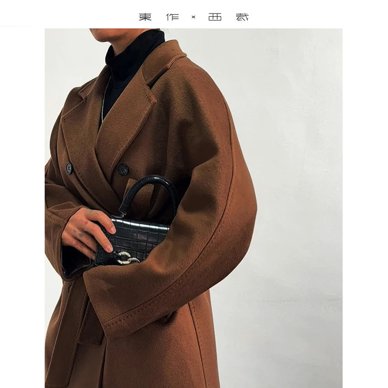 Classic Style~100% Wool Women's Single-Sided Woolen Coat, Loose Mid-Length Over-The-Knee Woolen Coat with Belt