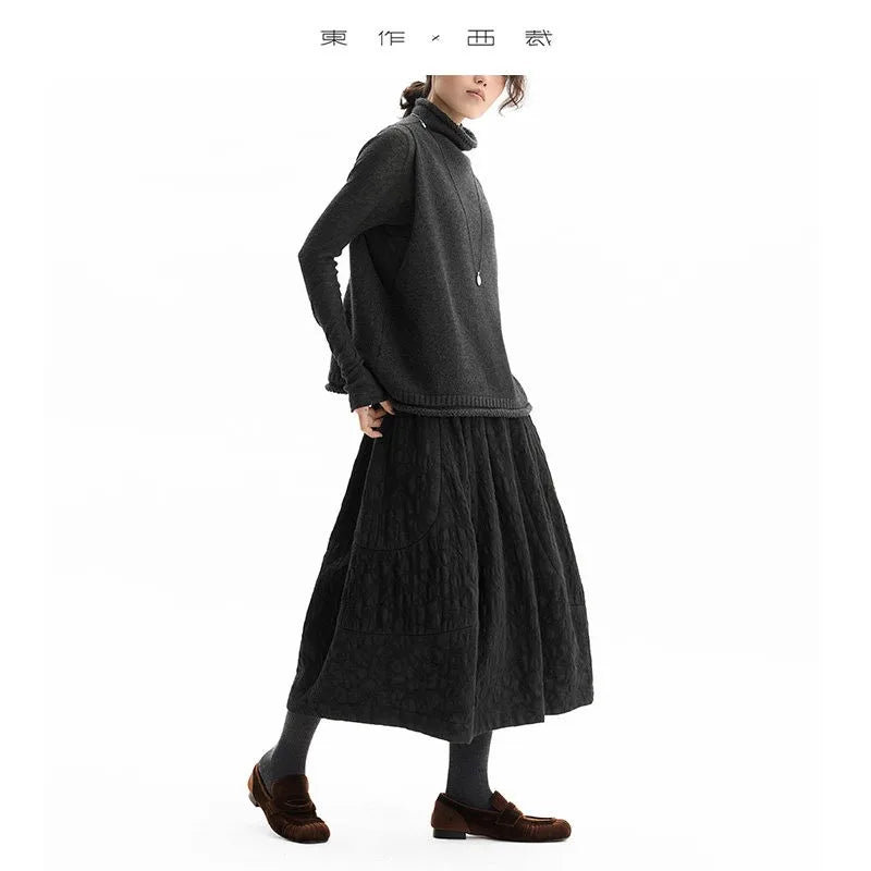 Versatile Umbrella Skirt~Autumn and Winter 100% Wool Jacquard Skirt for Women, Black Flower Bud Skirt