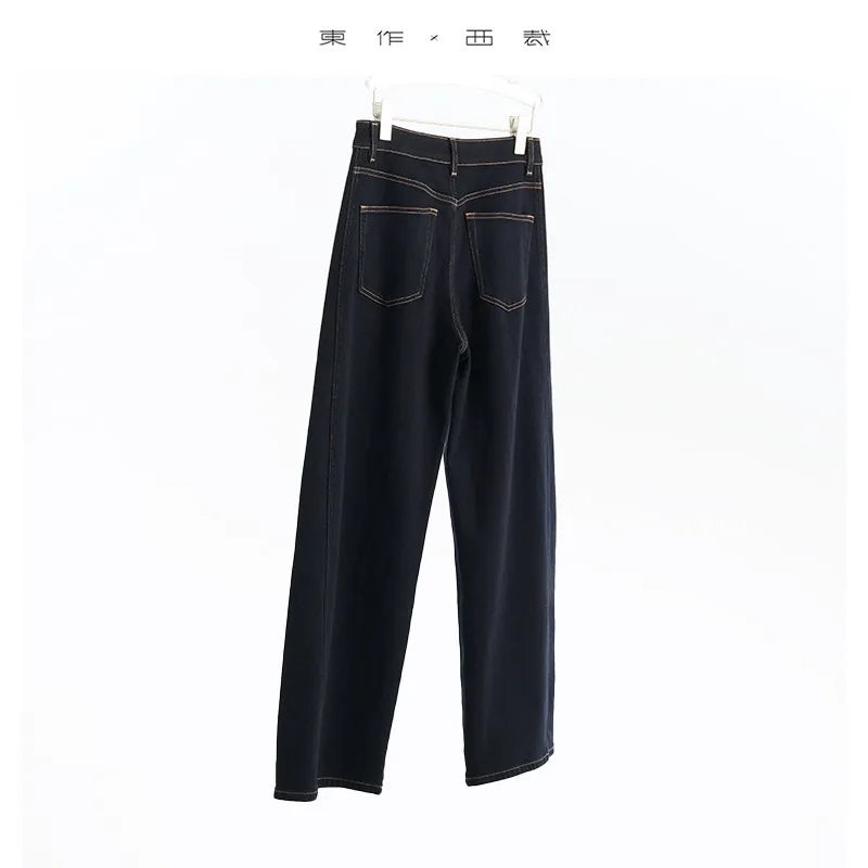 Black Technology for Warmth~ Faux Cashmere Lining for Warmth, Dark Blue Brushed Mid-Waist Jeans with Visible Stitching, Versatile Slim-Fit Long Pants
