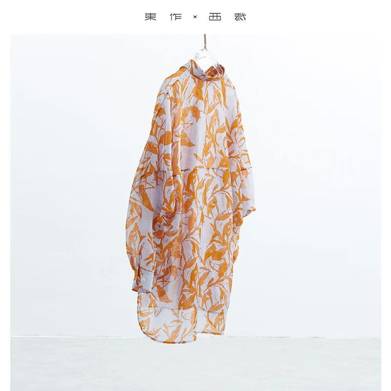 2025 Spring/Summer New Women's Brightening Summer Vibrant Orange Sunscreen Shirt Versatile Silk-Linen Printed Comfortable Outerwear Long Shirt