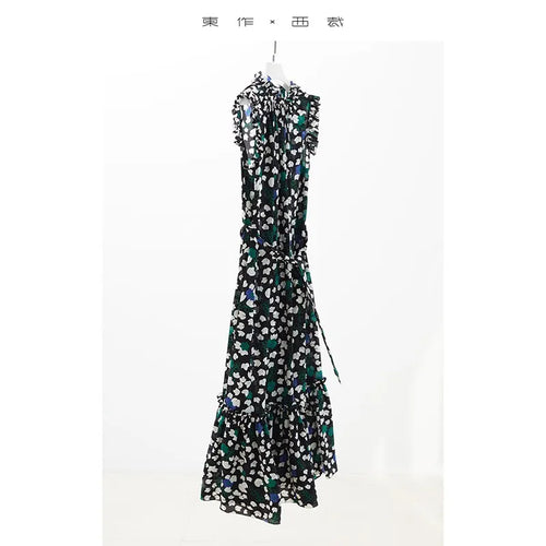 100% Mulberry Silk Women's Sleeveless Bohemian Style Dress with Small Floral Design and Long Skirt