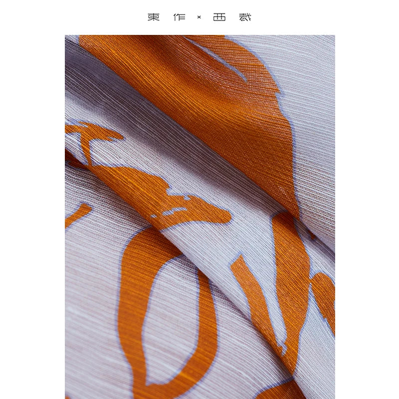 2025 Spring/Summer New Women's Brightening Summer Vibrant Orange Sunscreen Shirt Versatile Silk-Linen Printed Comfortable Outerwear Long Shirt