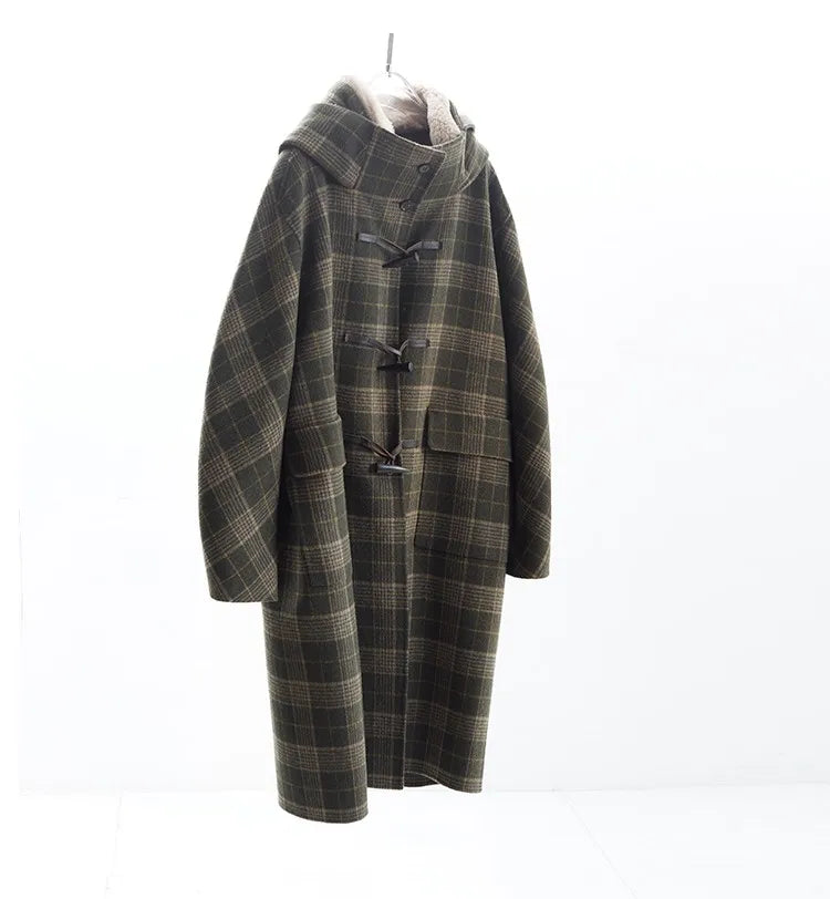Horn-Button Coat~100% Wool Double-Sided Woolen Fabric with Contrasting Plaid, Fur Collar, Cocoon-Shaped Hooded Woolen Coat, Mid-Length for Women