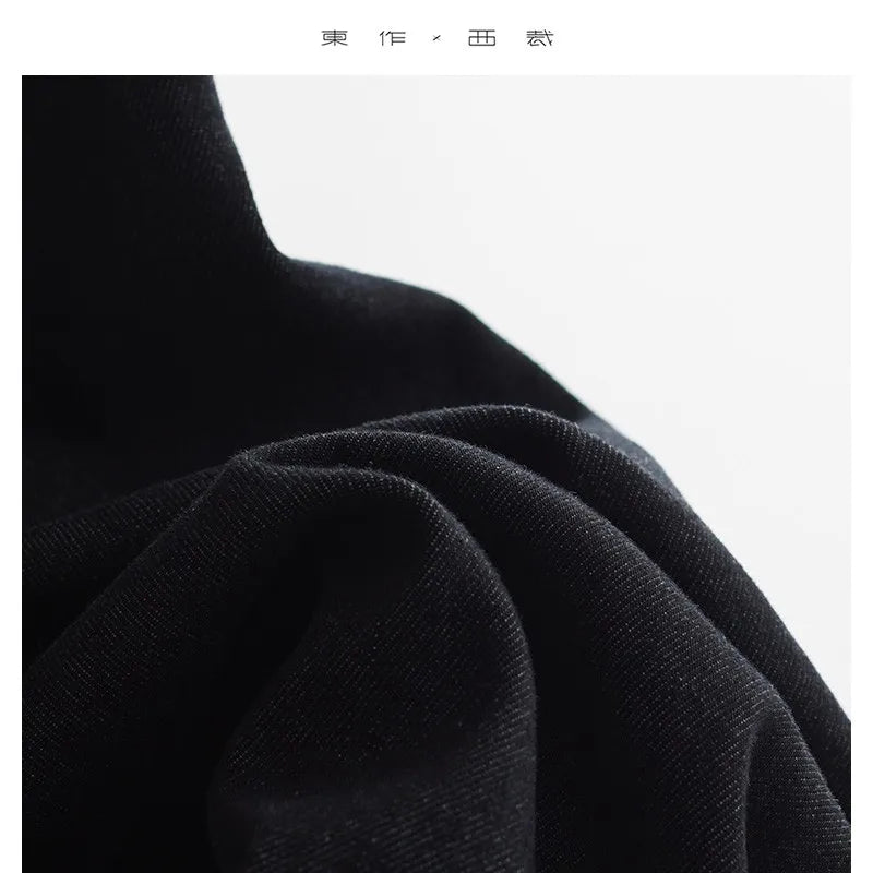 Fleece-Lined and Thickened Version~ Dark-Colored Versatile Jeans with Elastic Waist and Visible Stitching, Fleece-Lined Jeans, Loose Wide-Leg Pants