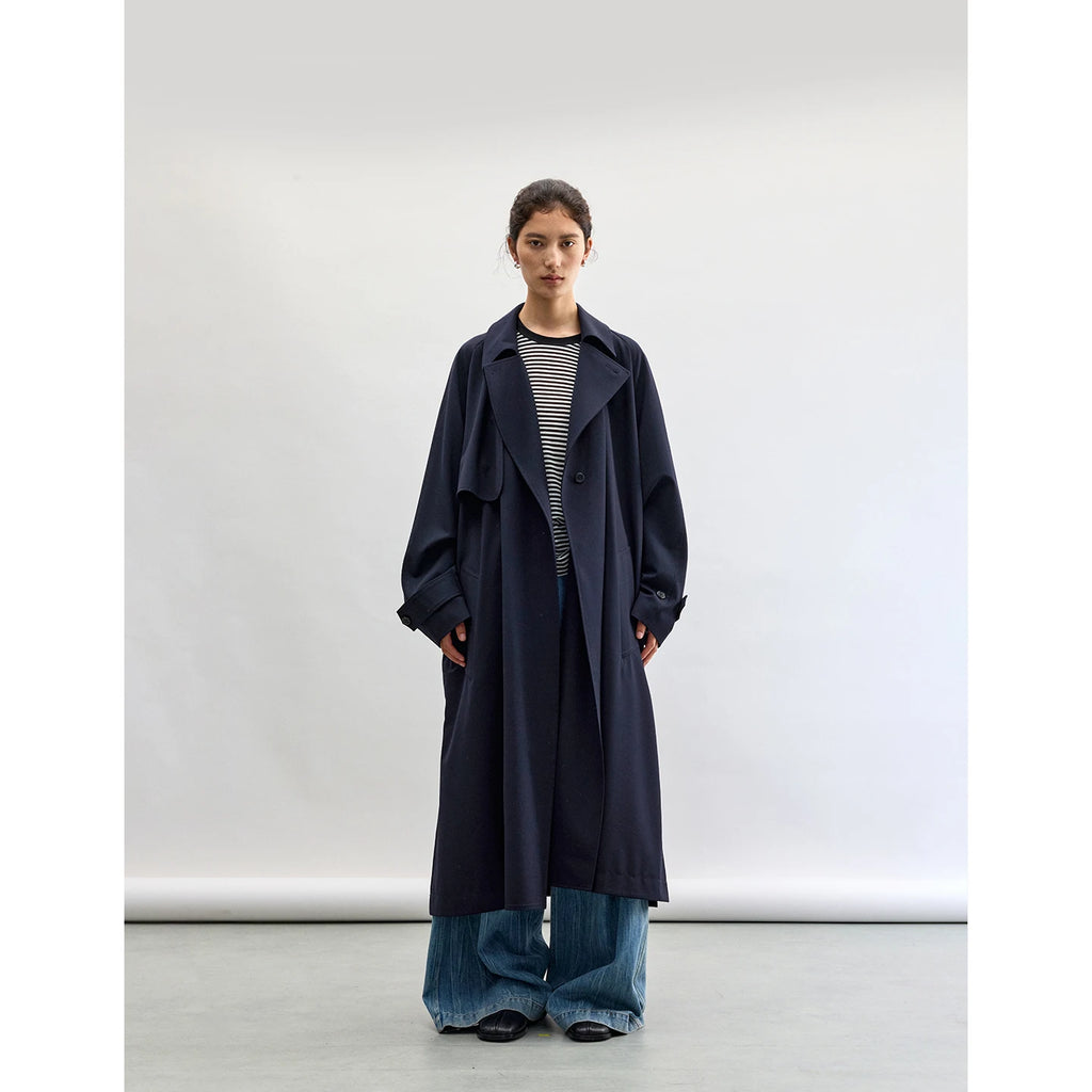 Designer Style~Navy Blue Mid-Length French Trench Coat Made of Sheep Wool, Work Clothing Casual Jacket for Women, New Style for Autumn and Winter 2025