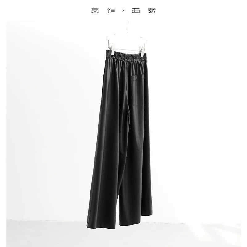 Effortlessly Cool Girl~ Mysterious Black Elastic Waist Loose Pu Leather Pants Classic Versatile Straight-Leg Pants Lazy Style Casual Pants 2025 Autumn/Winter New Style