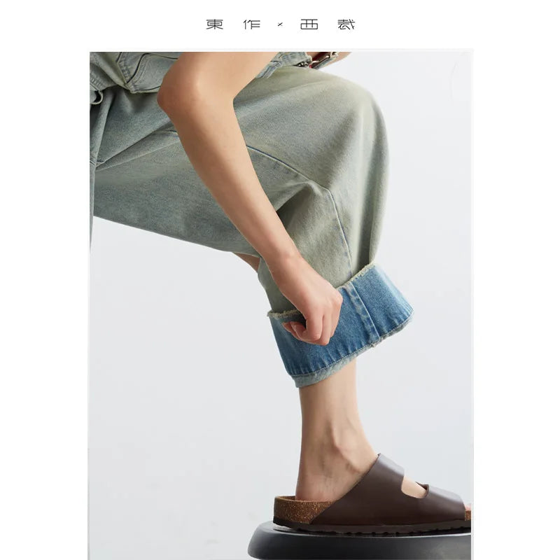 Age-Reducing, Laid-Back Style~ Women's Washed Light Blue Denim Overalls, Versatile Slim-Fit Straight-Leg Jumpsuit