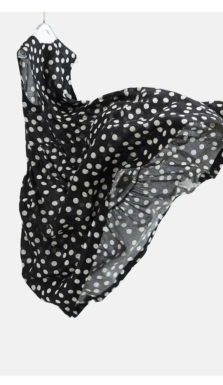 100% Linen Sleeveless Polka Dot Dress, Loose-Fitting and Slimming Long Dress